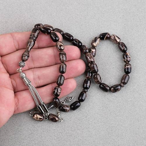 S�kma Kehribar Kaps�l Kesim Alpaka P�sk�ll� 7x11mm Tesbih Kahverengi