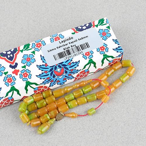 S�kma Kehribar Usta ��i �mzal� Bilek Boy Kaps�l Kesim 6x8mm Tesbih