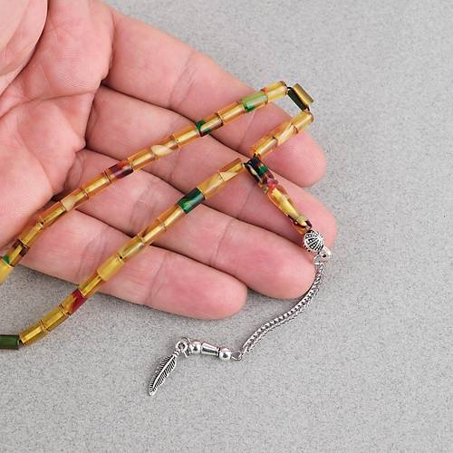 Ate� Kehribar Alpaka P�sk�ll� Kesme Kesim 4x7mm Tesbih- Sar�-Ye�il