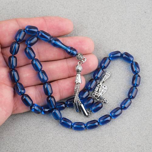 S�kma Kehribar Kaps�l Kesim Alpaka P�sk�ll� 7x11mm Tesbih Petrol Mavisi