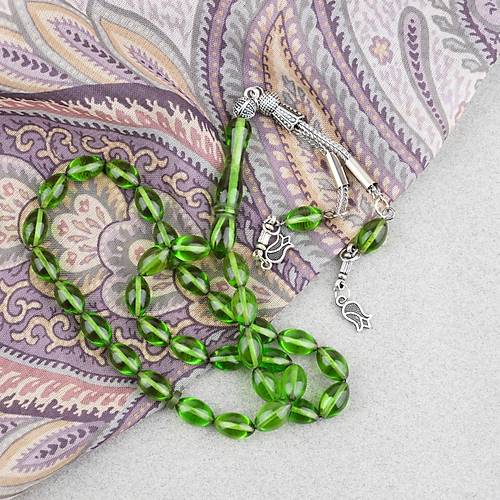 S�kma Kehribar Beyzi Kesim Alpaka P�sk�ll� 7x11mm Tesbih Ye�il