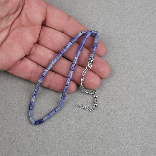 S�kma Kehribar Alpaka P�sk�ll� Kesme Kesim 4x7mm Tesbih- Krem-Mavi