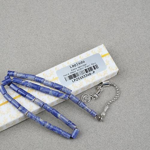 S�kma Kehribar Alpaka P�sk�ll� Kesme Kesim 6x10mm Tesbih - Krem - Mavi