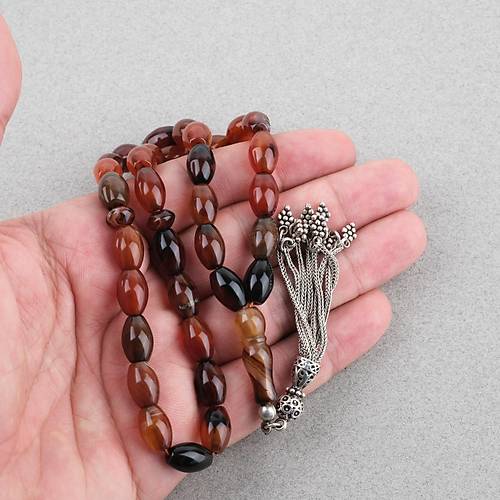 Akik Ta�� Habbe ve �mame Dahil Akik 925Ayar G�m�� P�sk�l F��� kesim 8x11.5mm Tesbih