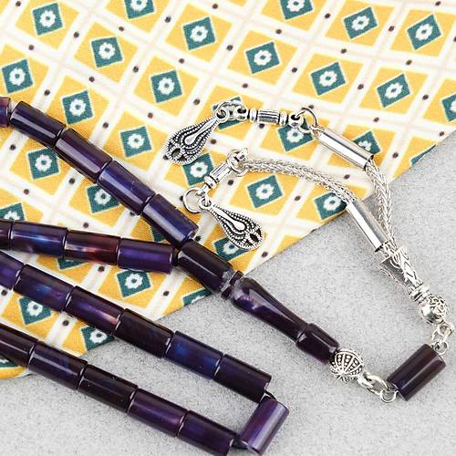 S�kma Kehribar Kesme Kesim Alpaka P�sk�ll� 6x10mm Tesbih Mor