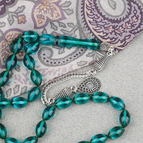 Ate� Kehribar Alpaka P�sk�ll� Beyzi Kesim 7x11mm Tesbih- �effaf Ye�il