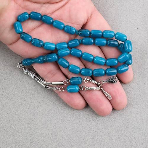 S�kma Kehribar Kaps�l Kesim Alpaka P�sk�ll� 7x11mm Tesbih Turkuaz Ye�ili