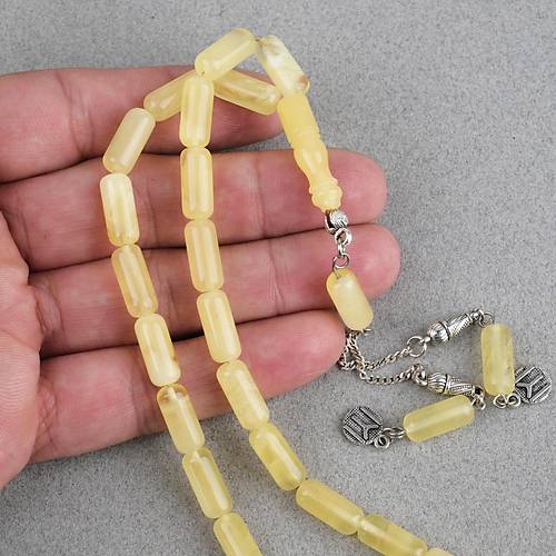 Rus Kaya Damla Kehribar 925Ayar G�m�� P�sk�l Arpa Kesim Kesim 6x14mm Tesbih