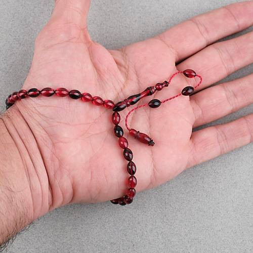 S�kma Kehribar Beyzi Kesim Sistemli Bilek Boy 5x8mm Tesbih K�rm�z� Siyah