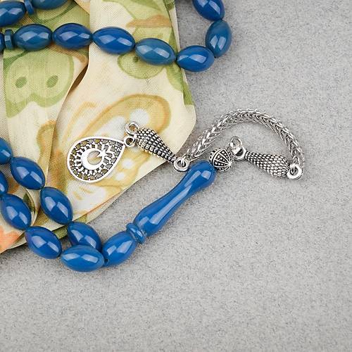 S�kma Kehribar Alpaka P�sk�ll� Beyzi Kesim 7x11mm Tesbih- Petrol Mavisi