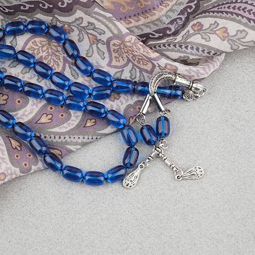 S�kma Kehribar Kaps�l Kesim Alpaka P�sk�ll� 7x11mm Tesbih Petrol Mavisi