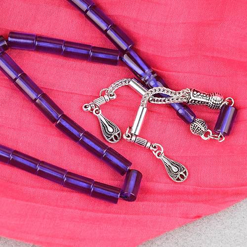 S�kma Kehribar Kesme Kesim Alpaka P�sk�ll� 6x10mm Tesbih Koyu Mavi