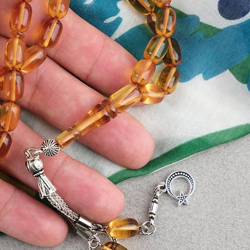 Ate� Kehribar Kaps�l Kesim Alpaka P�sk�ll� 7x11mm Tesbih