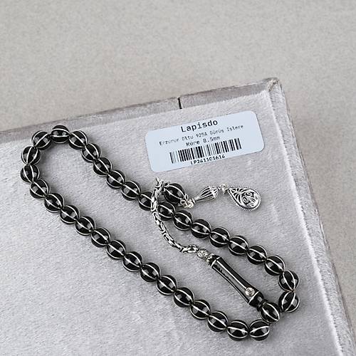 Erzurum Oltu 925Ayar G�m�� 8li Karpuz Yarma Usta ��i �mzal� K�re Kesim 8.5mm Tesbih