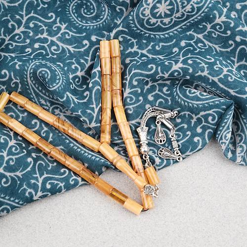 S�kma Kehribar Kesme Kesim Alpaka P�sk�ll� 6x10mm Tesbih Sar�