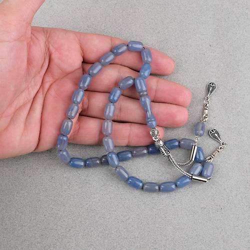 S�kma Kehribar Kaps�l Kesim Alpaka P�sk�ll� 7x11mm Tesbih G�k Mavisi