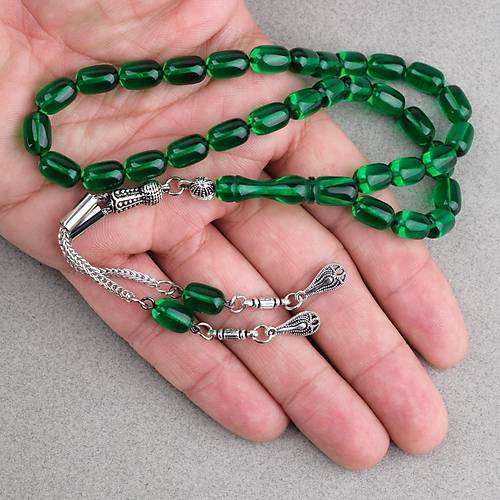 Ate� Kehribar Kaps�l Kesim Alpaka P�sk�ll� 7x11mm Tesbih Ye�il