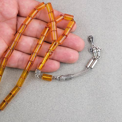 Ate� Kehribar Kesme Kesim Alpaka P�sk�ll� 6x10mm Tesbih