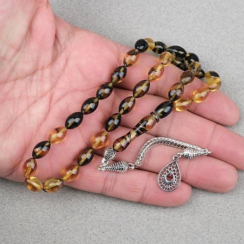 S�kma Kehribar Alpaka P�sk�ll� Beyzi Kesim 7x11mm Tesbih- Sar� Siyah