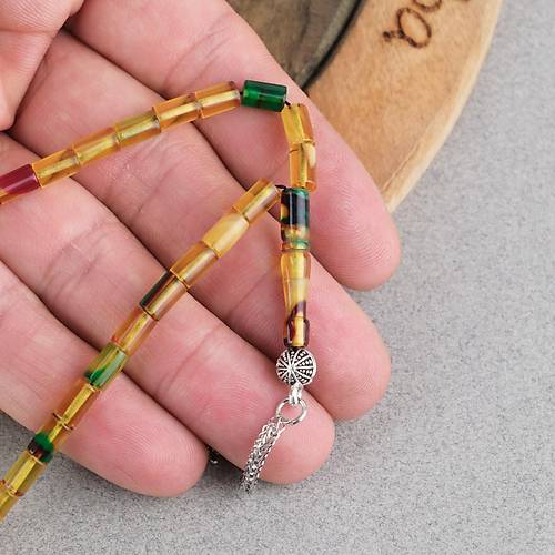 Ate� Kehribar Alpaka P�sk�ll� Kesme Kesim 4x7mm Tesbih- Sar�-Ye�il