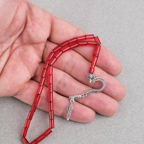 Ate� Kehribar Alpaka P�sk�ll� Kesme Kesim 4x7mm Tesbih- K�rm�z�