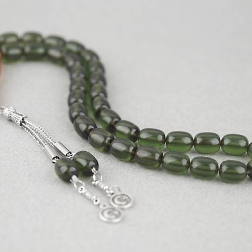 Ate� Kehribar Ayy�ld�z ��lemeli Sar� �mame Kaps�l Kesim 9x11mm Tesbih -Ye�il