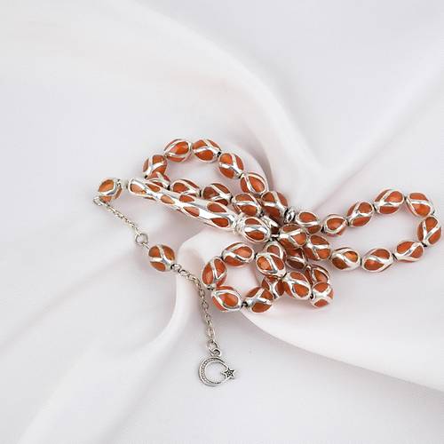 G�m�� Kaplama Kafesli Mine Beyzi 7x9mm Tesbih -Turuncu