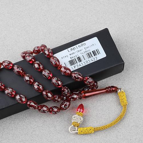 Ate� Kehribar �ak�ml� Kazas P�sk�ll� Beyzi Kesim 7x10mm Tesbih