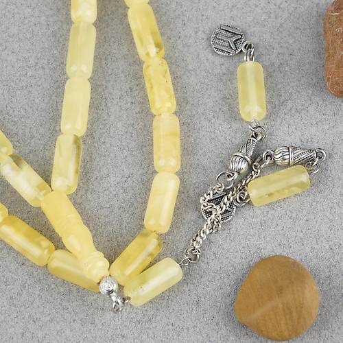 Rus Kaya Damla Kehribar 925Ayar G�m�� P�sk�l Arpa Kesim Kesim 6x14mm Tesbih