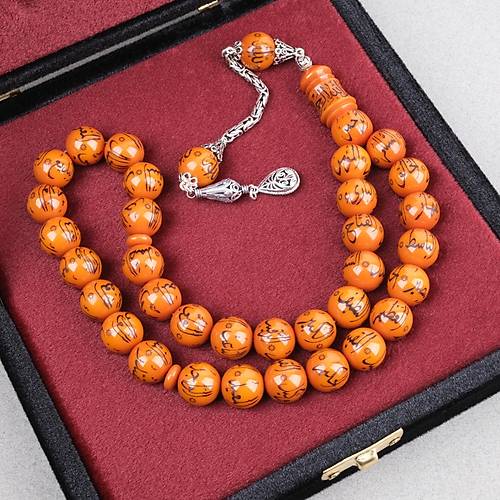 S�kma Kehribar Allah cc 99 ismi Yaz�l� 925Ayar G�m�� P�sk�ll� K�re Kesim 14mm Tesbih