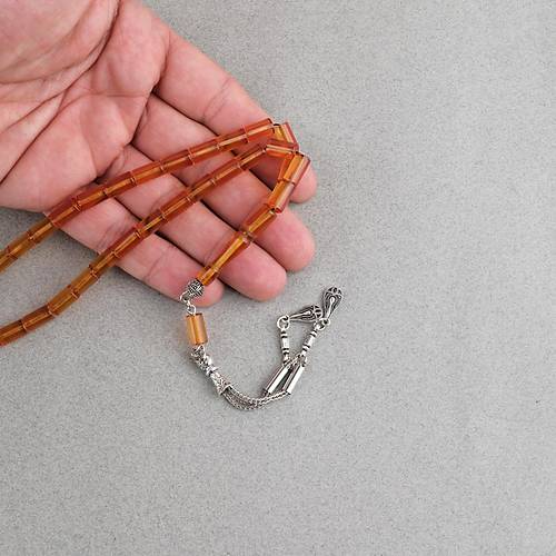 S�kma Kehribar Kesme Kesim Alpaka P�sk�ll� 6x10mm Tesbih Turuncu