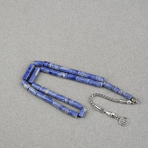 S�kma Kehribar Alpaka P�sk�ll� Kesme Kesim 6x10mm Tesbih - Krem - Mavi