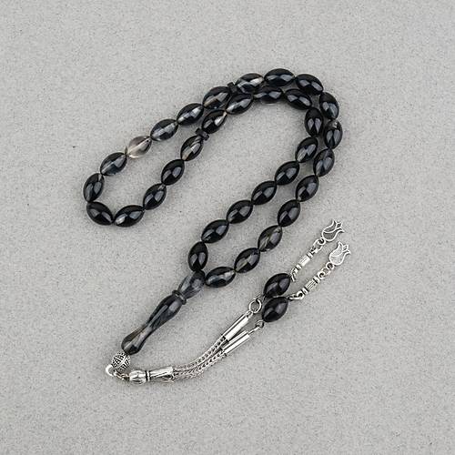 S�kma Kehribar Beyzi Kesim Alpaka P�sk�ll� 7x11mm Tesbih Siyah Gri