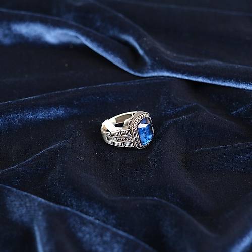 Safir Lacivert ve Mikro Zirkon 925Ayar Gm Erkek Yzk