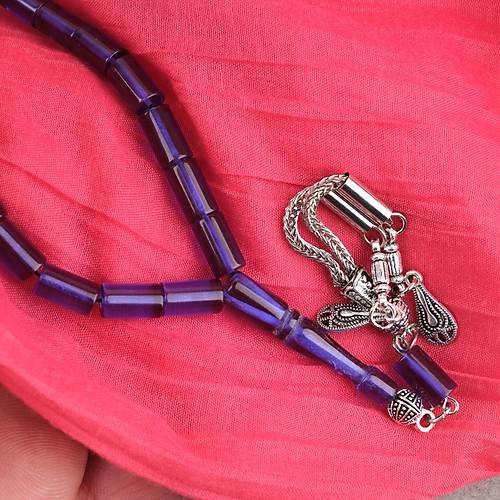 S�kma Kehribar Kesme Kesim Alpaka P�sk�ll� 6x10mm Tesbih Koyu Mavi