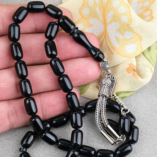 S�kma Kehribar Kaps�l Kesim Alpaka P�sk�ll� 7x11mm Tesbih Mavi Yans�mal� Siyah