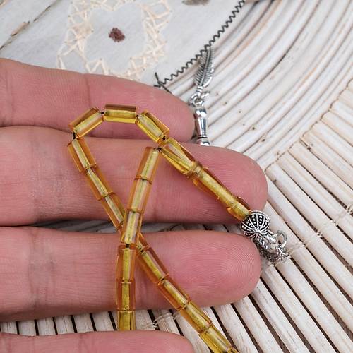 Ate� Kehribar Alpaka P�sk�ll� Kesme Kesim 4x7mm Tesbih- �effaf Sar�