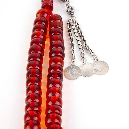 Osmanl Ate Kehribar 1900'ler Dnem i 925 Ayar Gm Pskl F Kesim 14x8mm Tesbih