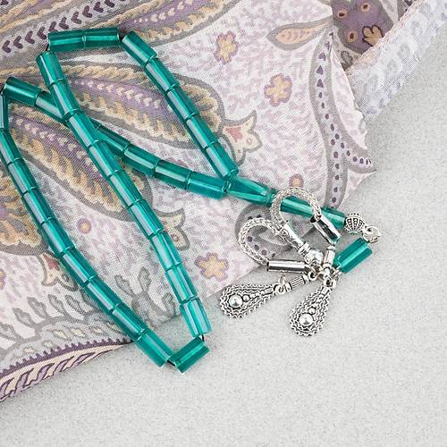 S�kma Kehribar Kesme Kesim Alpaka P�sk�ll� 6x10mm Tesbih A��k Ye�il