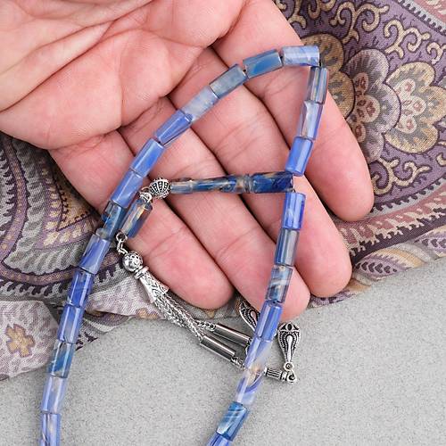 S�kma Kehribar Kesme Kesim Alpaka P�sk�ll� 6x10mm Tesbih Mavi