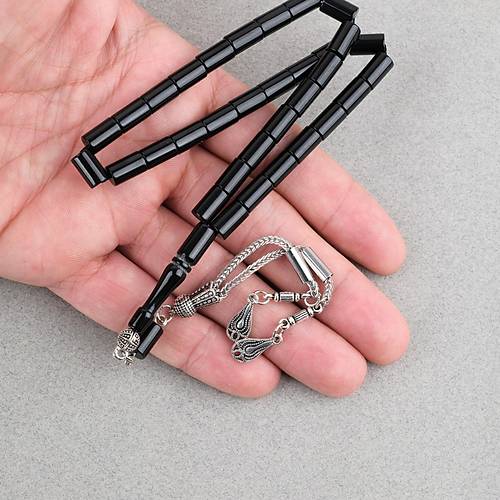 S�kma Kehribar Kesme Kesim Alpaka P�sk�ll� 6x10mm Tesbih Siyah