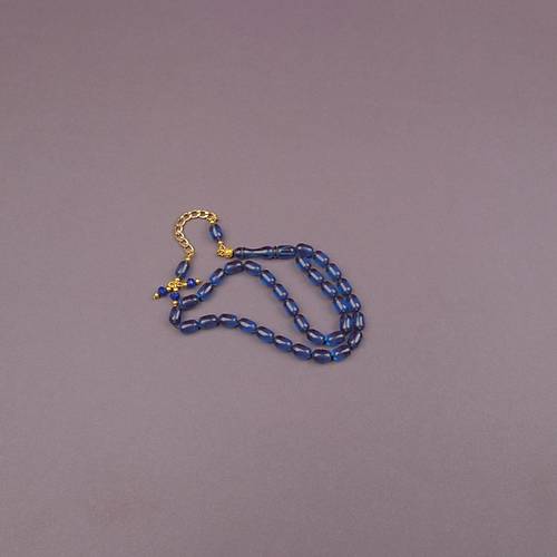 S�kma Kehribar Kaps�l Kesim Alt�n Renk P�sk�ll� 7x11mm Tesbih Mavi