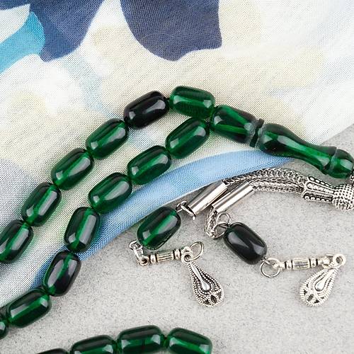 S�kma Kehribar Kaps�l Kesim Alpaka P�sk�ll� 7x11mm Tesbih Koyu Ye�il