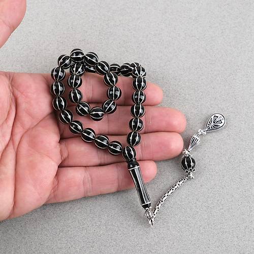 Erzurum Oltu 925Ayar G�m�� 8li Karpuz Yarma Usta ��i �mzal� K�re Kesim 8.5mm Tesbih