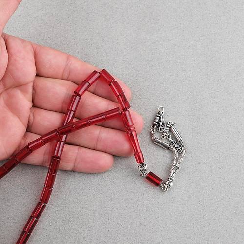Ate� Kehribar Kesme Kesim Alpaka P�sk�ll� 6x10mm Tesbih K�rm�z�