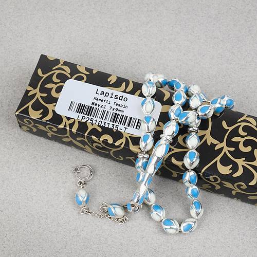 G�m�� Kaplama Kafesli Mine Beyzi 7x9mm Tesbih - Mavi Beyaz