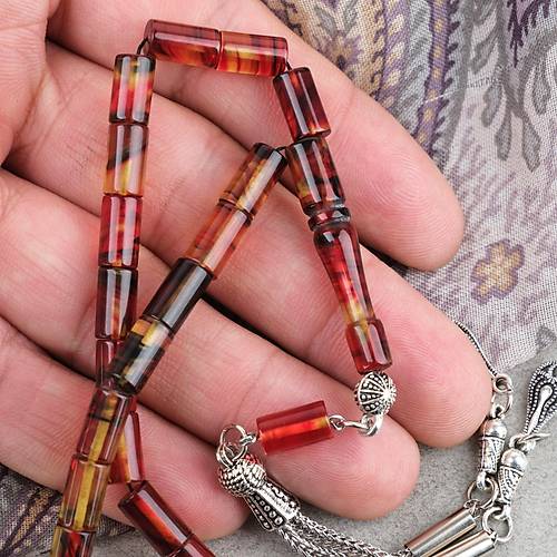 S�kma Kehribar Kesme Kesim Alpaka P�sk�ll� 6x10mm Tesbih