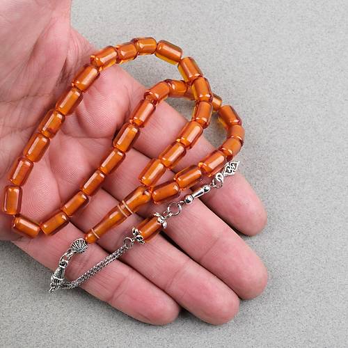 Ate� Kehribar Alpaka P�sk�ll� Kaps�l Kesim 7x10.5mm Tesbih - �effaf Kahverengi
