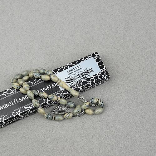 S�kma Kehribar Alpaka P�sk�ll� Beyzi Kesim 7x11mm Tesbih- Krem Ye�il