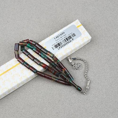 S�kma Kehribar Alpaka P�sk�ll� Kesme Kesim 6x10mm Tesbih - Ye�il K�rm�z�